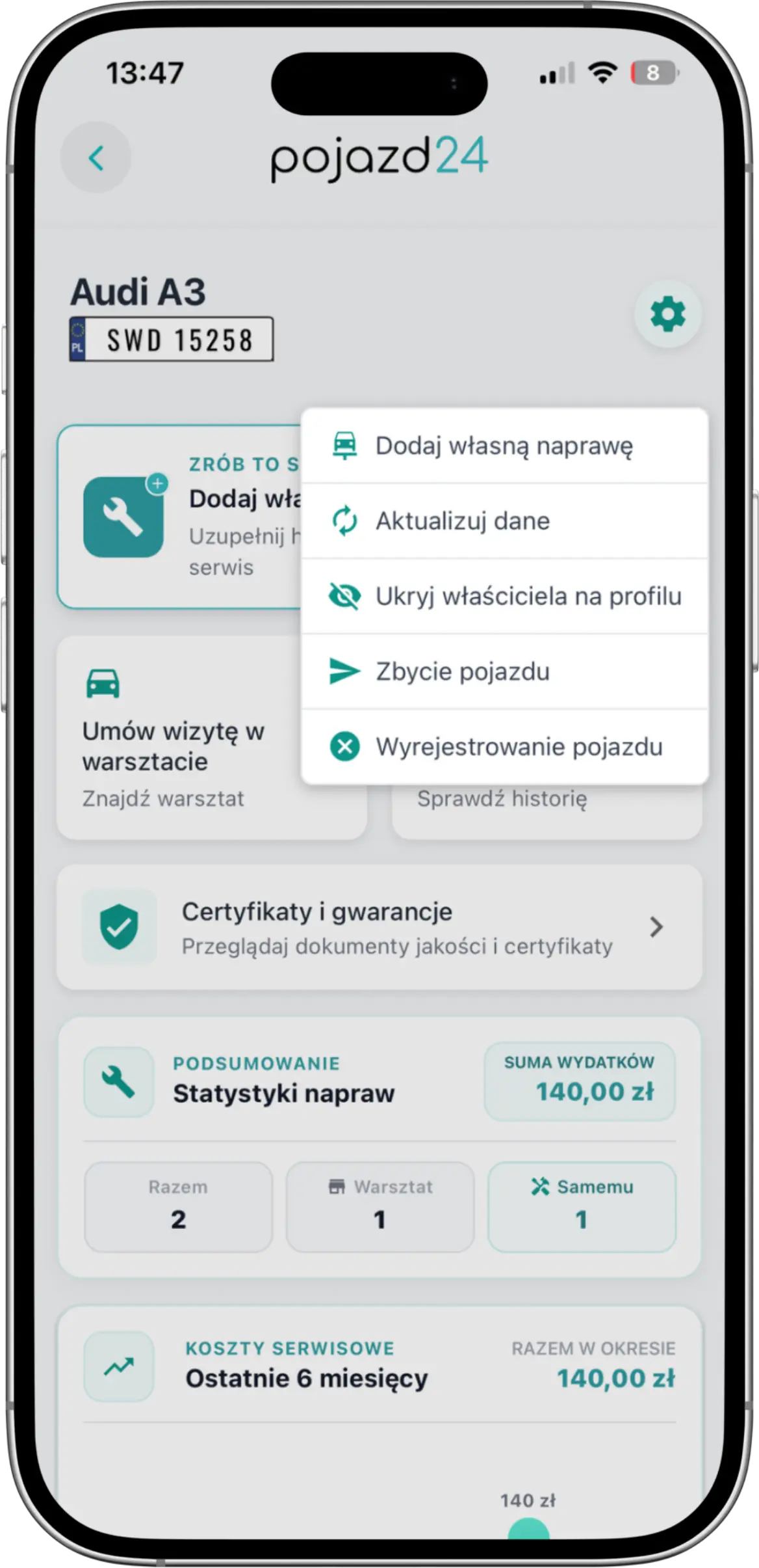 Podgląd aplikacji Pojazd24 - Ekran główny