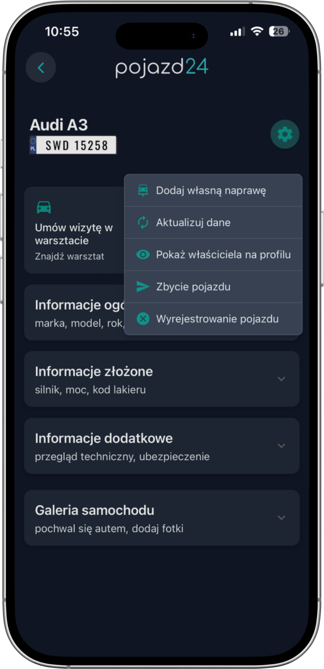 Podgląd aplikacji Pojazd24 - Status naprawy
